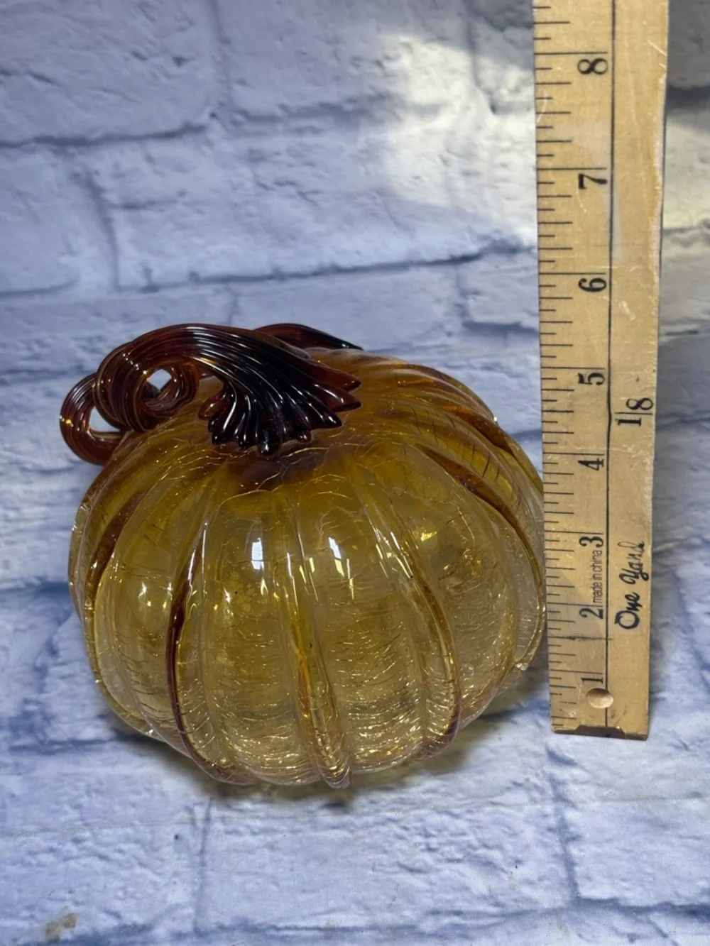Glass Amber Pumpkin Hand Blown Crackle Finish Thanksgiving Curly Steam Pier One